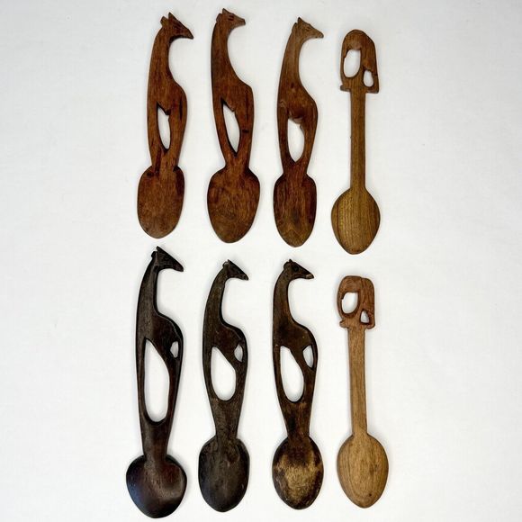 8 Wooden animal Carved Spoons Safari Animals Hand Carved Giraffe Elephant - Picture 4 of 10